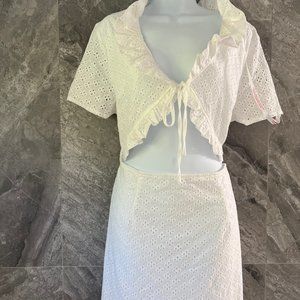 MISSGUIDED Dress White Eyelet Open Tie Cutout Front Sz 14